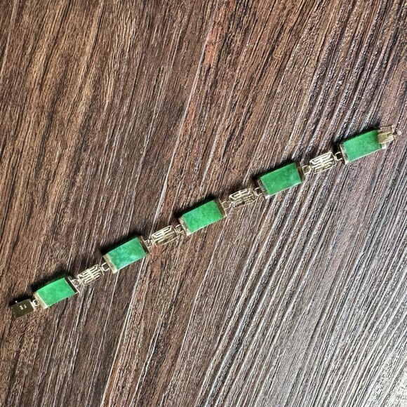 Vintage 14K SOLID GOLD and Green Jadeite Panel Link Bracelet 9.3g, 14kt Yellow - Picture 16 of 16